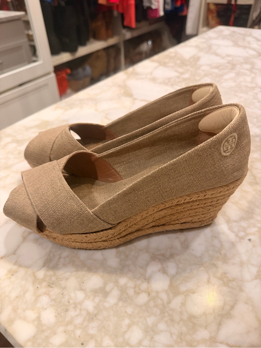 Tory Burch Tan Espadrille Peep-Toe Wedge Sandals